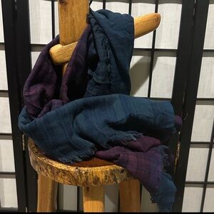 Inoui Editions Ombré Teal/Plum Large Plaid Shawl Wrap 100% Wool Tassels 53x74”